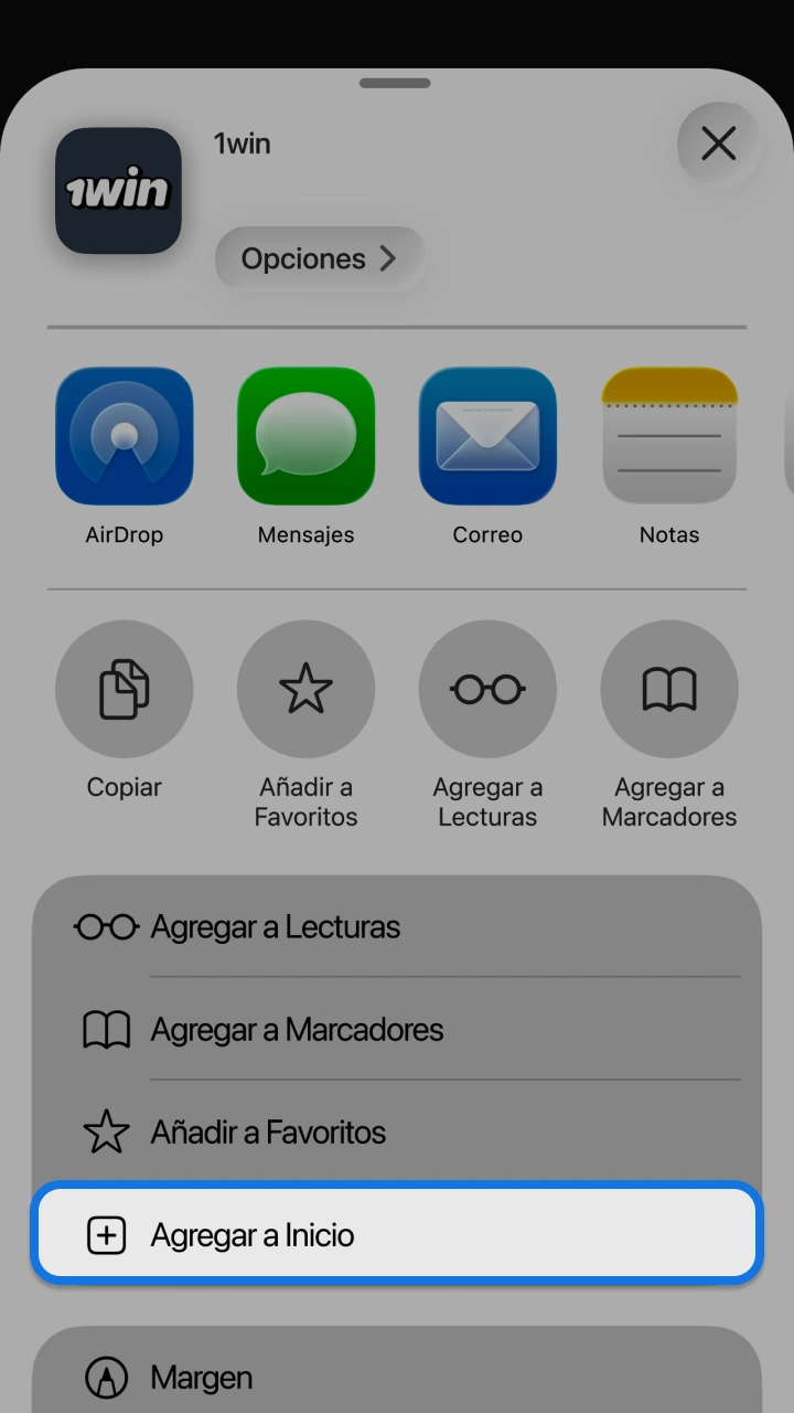 Select the option to add the 1win shortcut to your home screen.