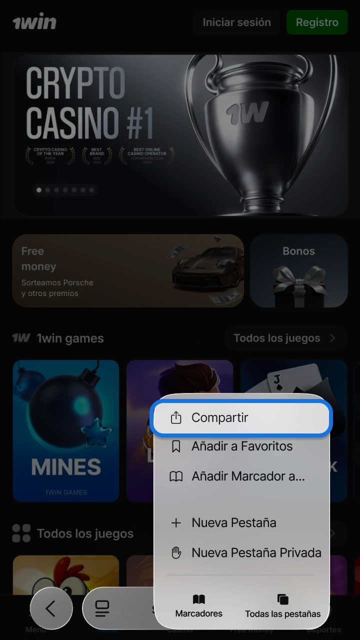 Click the browser's share button to start the 1win installation.