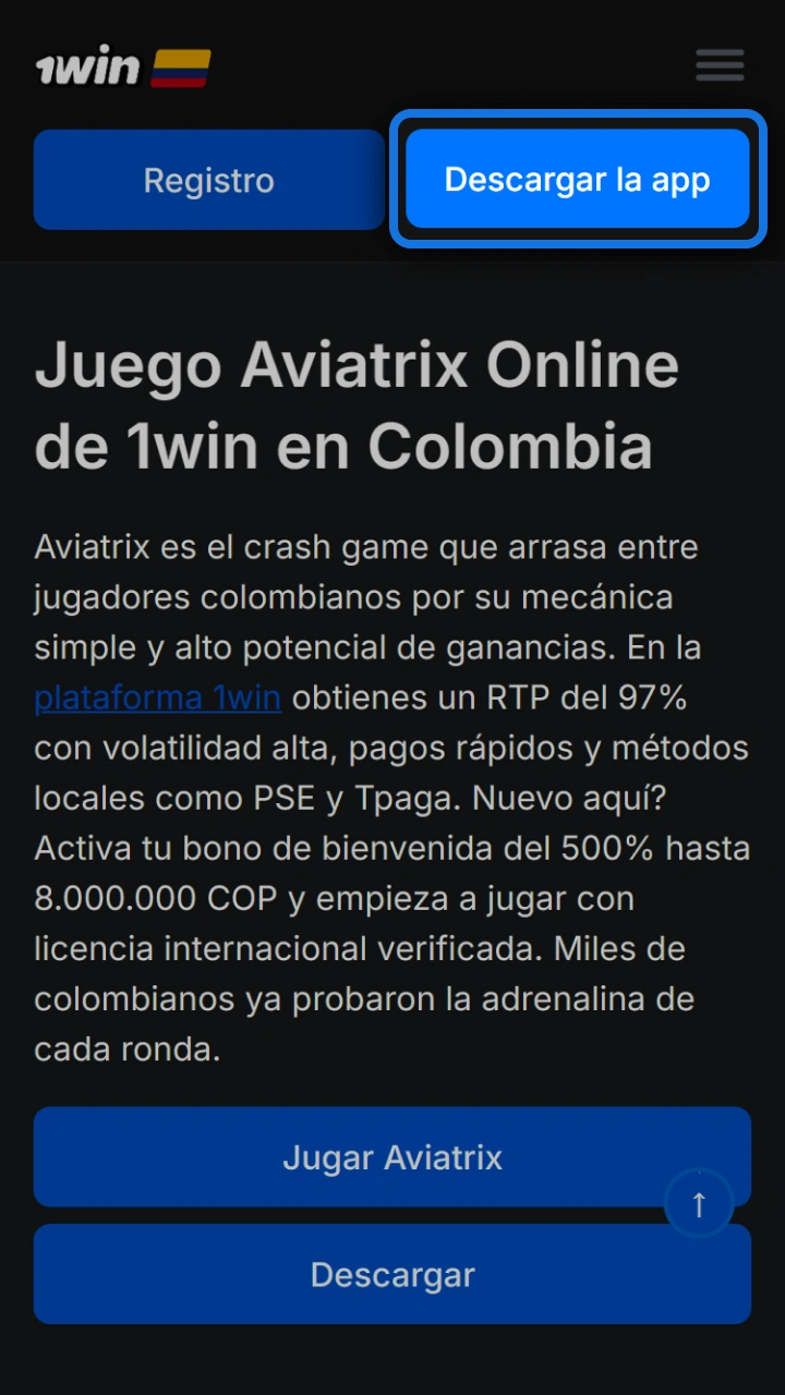 Tap the blue download button on 1win to enjoy the modern game Aviatrix.