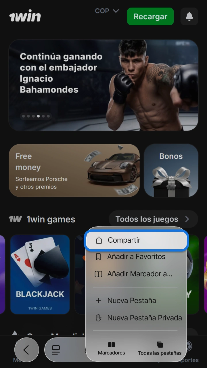 Tap the share button in your browser to install the 1win and Aviatrix app.