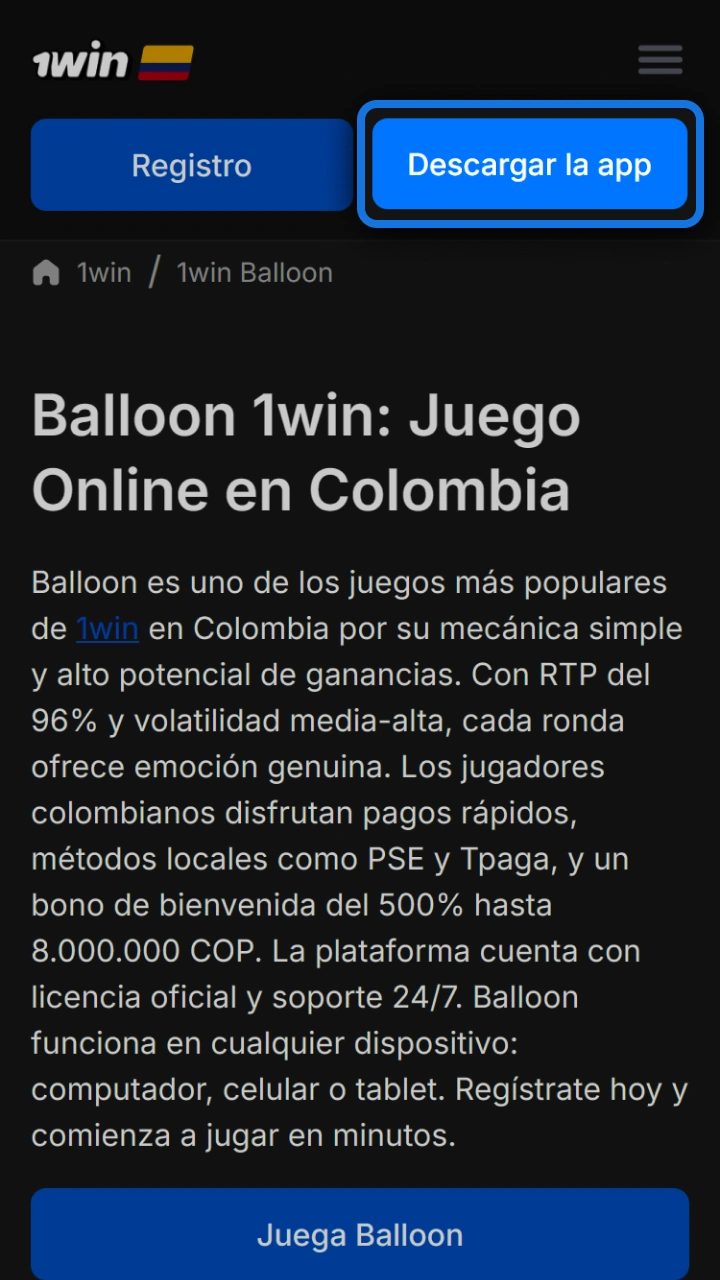 Press the official download button on 1win to start your Balloon adventure.