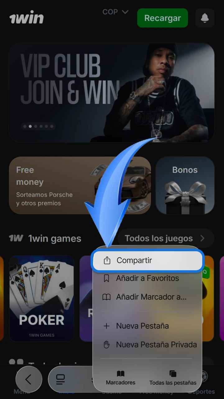 Tap the share button on your iPhone to install the convenient 1win and Balloon app.