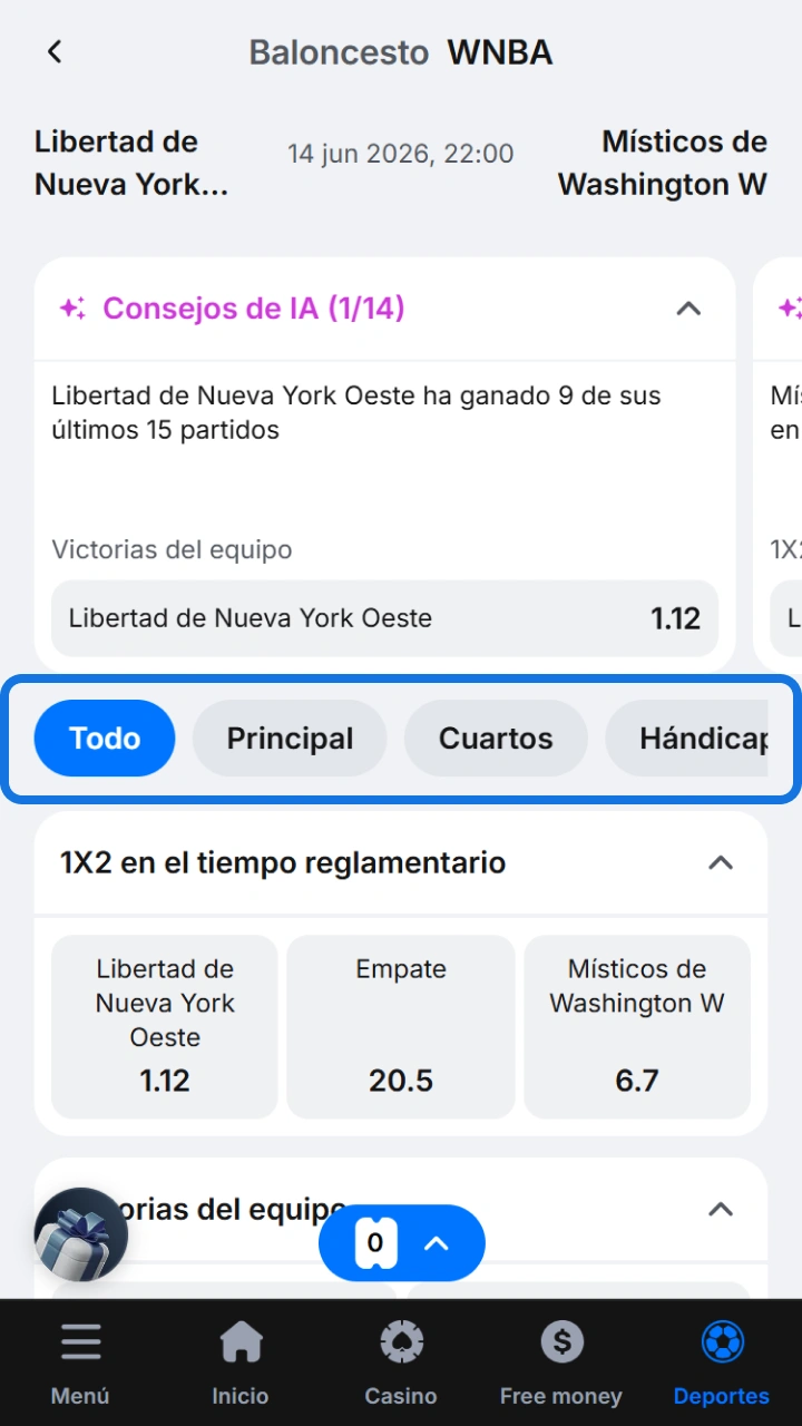 Easily select your preferred type of basketball bet at 1win.