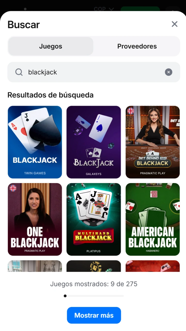 Select your favorite Blackjack variant in the 1win casino game search engine.