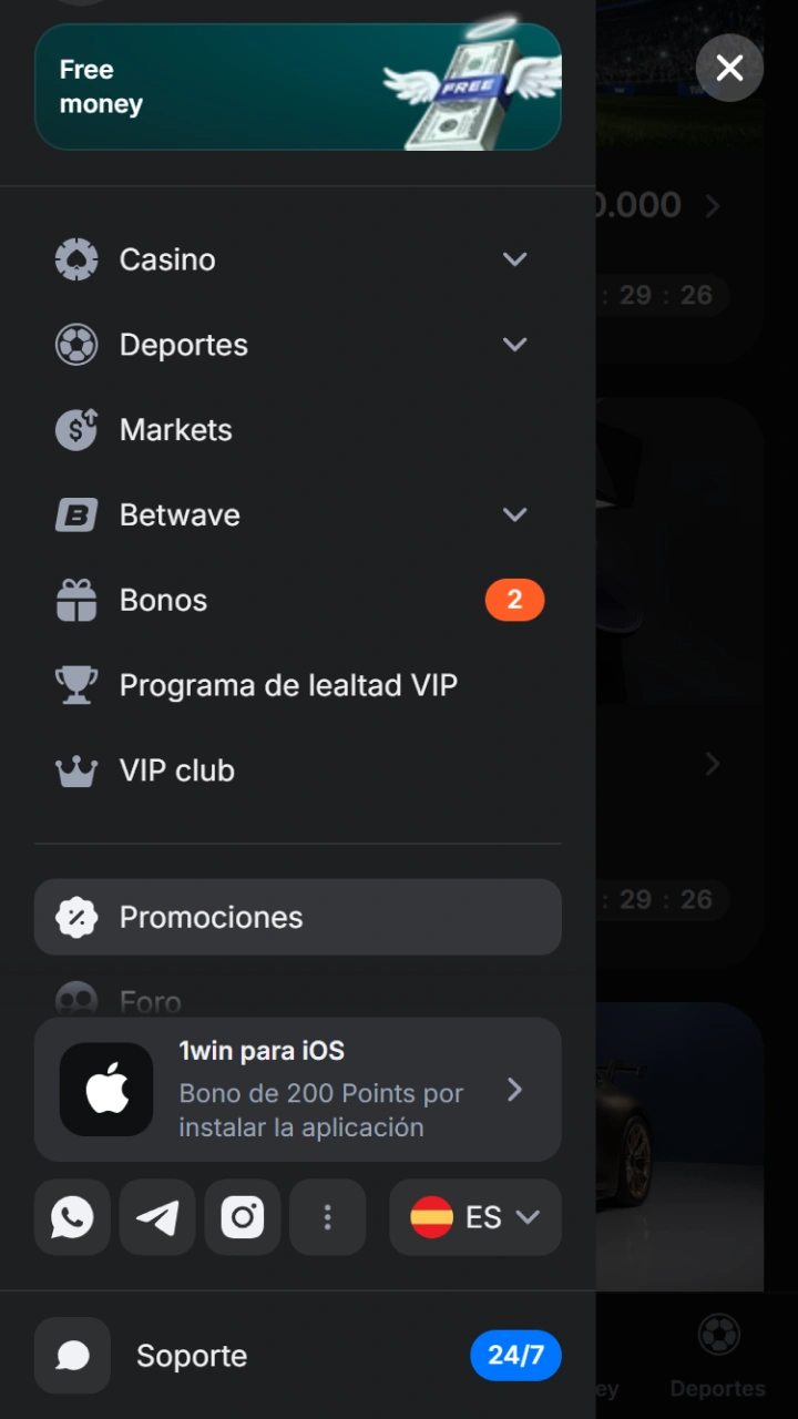 Open the side menu to discover all the entertainment sections on 1win.