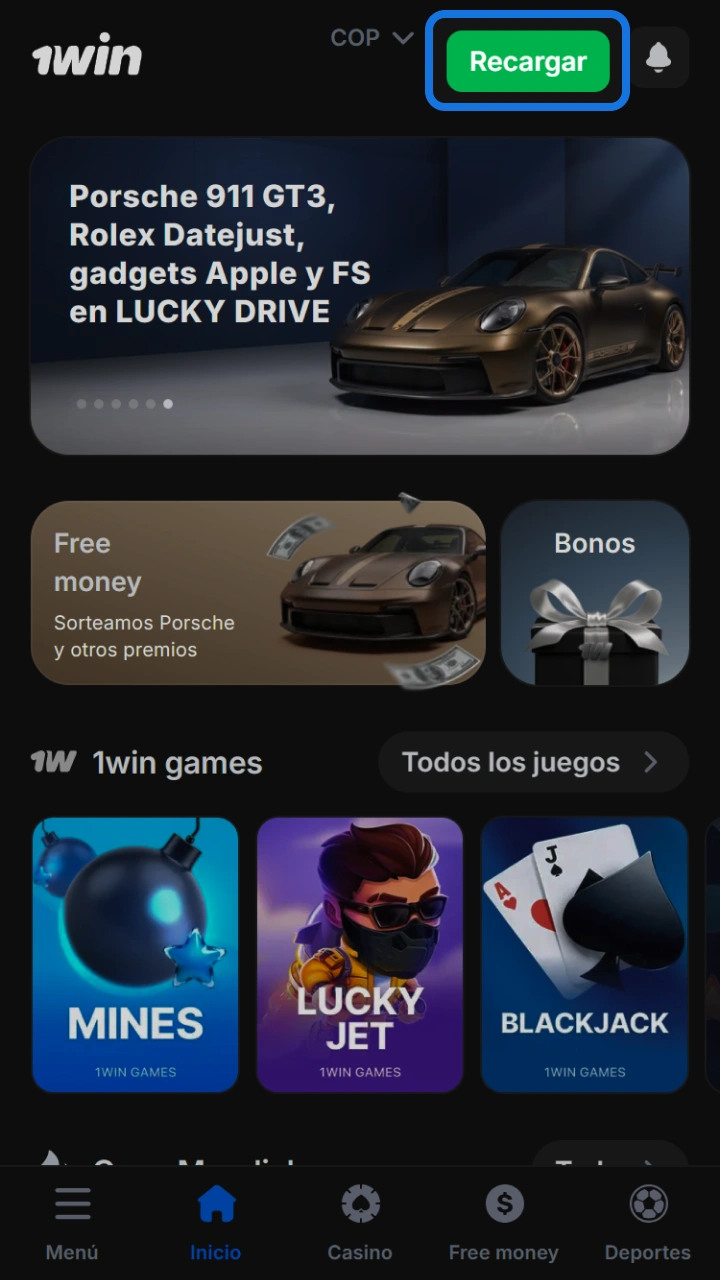 Press the top-up button on your profile to instantly add funds to 1win.