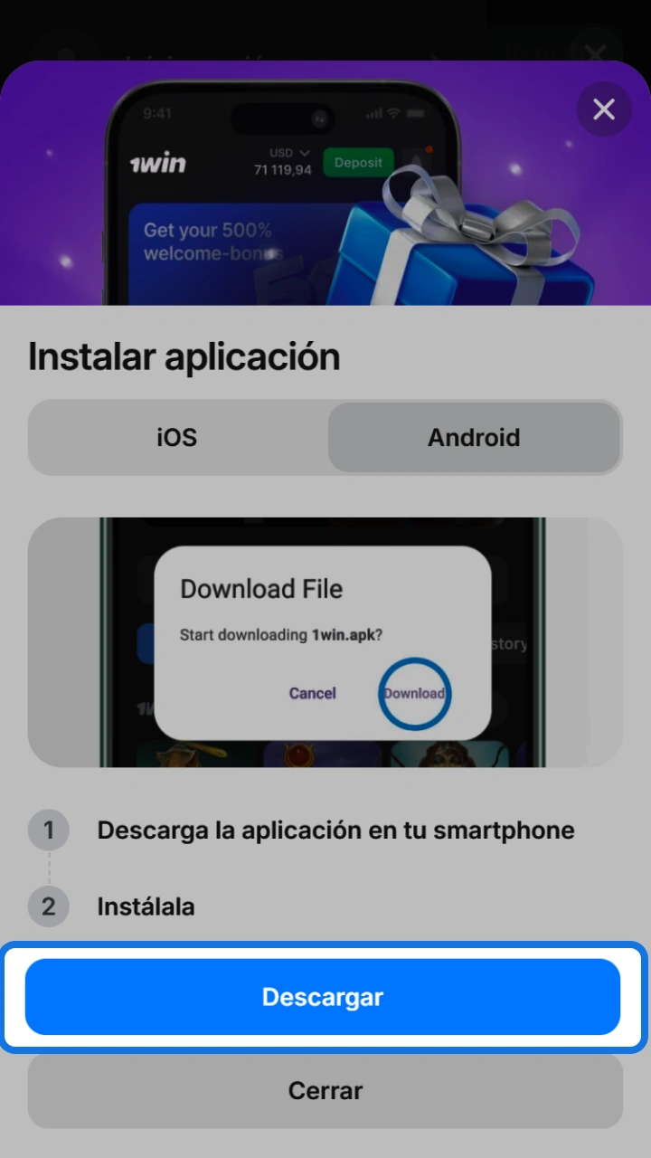 Download the installation file directly to enjoy the 1win application.