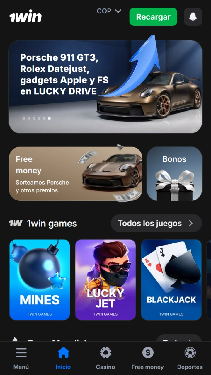 Press the top recharge button to instantly add funds to 1win.