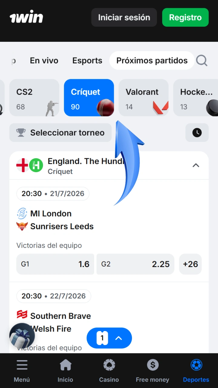 Easily select the cricket section from the 1win platform's main menu.