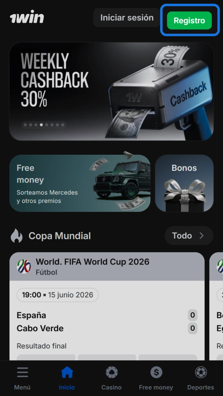 Use the registration button to access the top-up menu on 1win.
