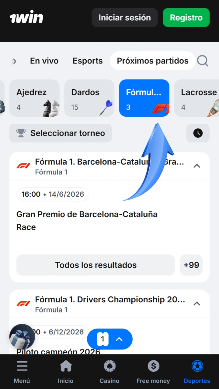 Easily select the Formula 1 category in the 1win interactive menu.