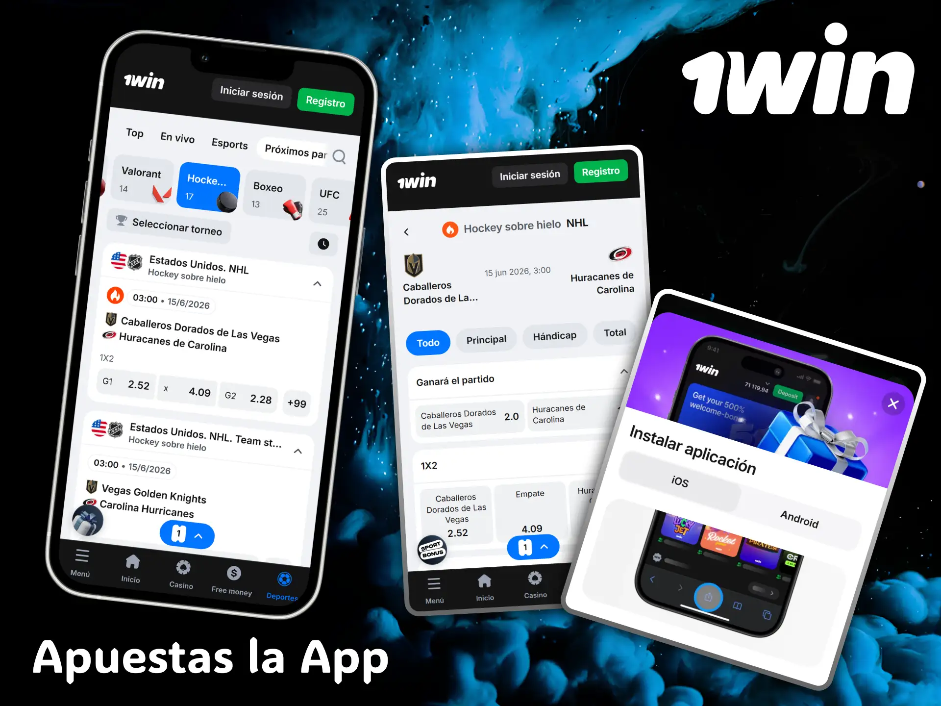 Install the official 1win app to follow the live hockey action.