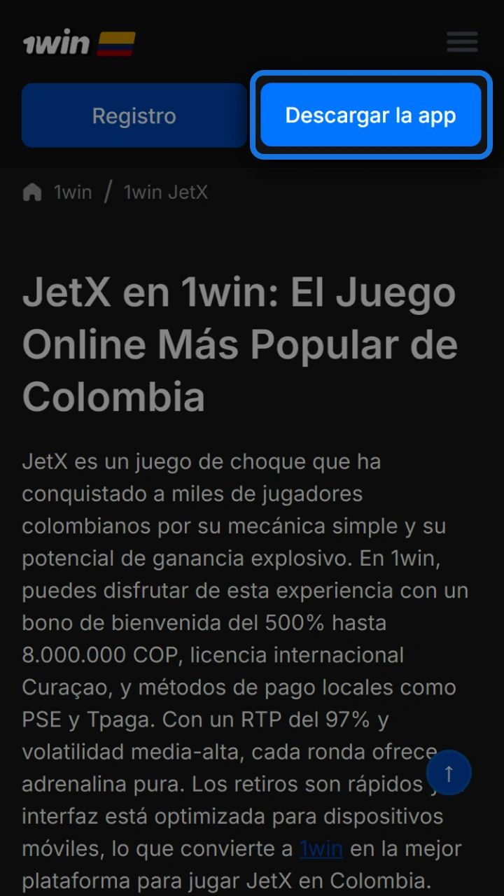 Tap the official 1win button to download the app and play JetX.