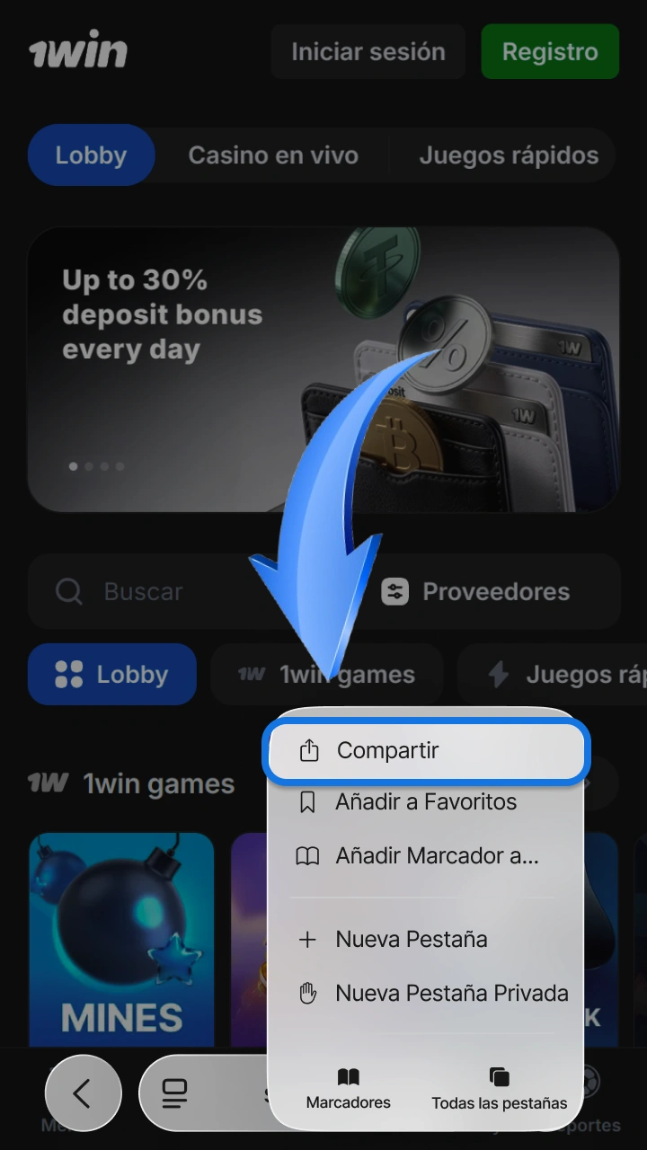 Tap the browser's share button to install the 1win and JetX app.