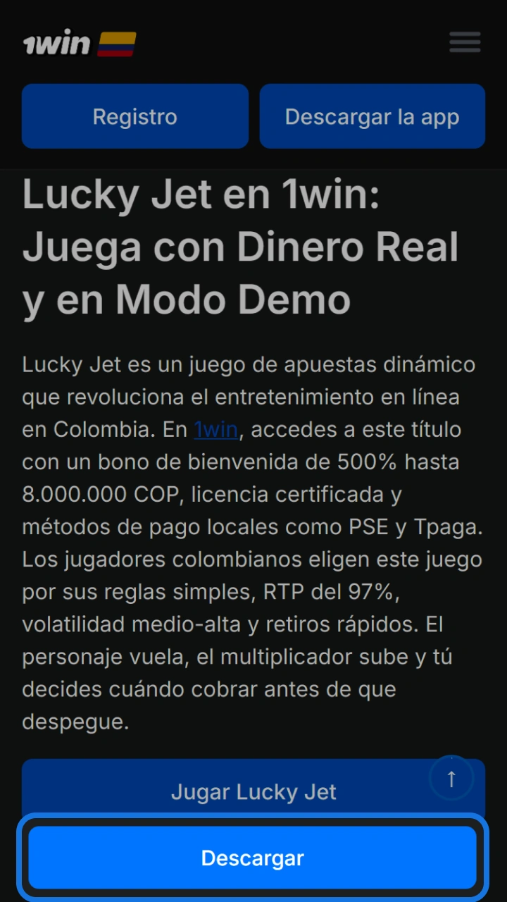 Tap the blue download button on 1win to play Lucky Jet for real money.