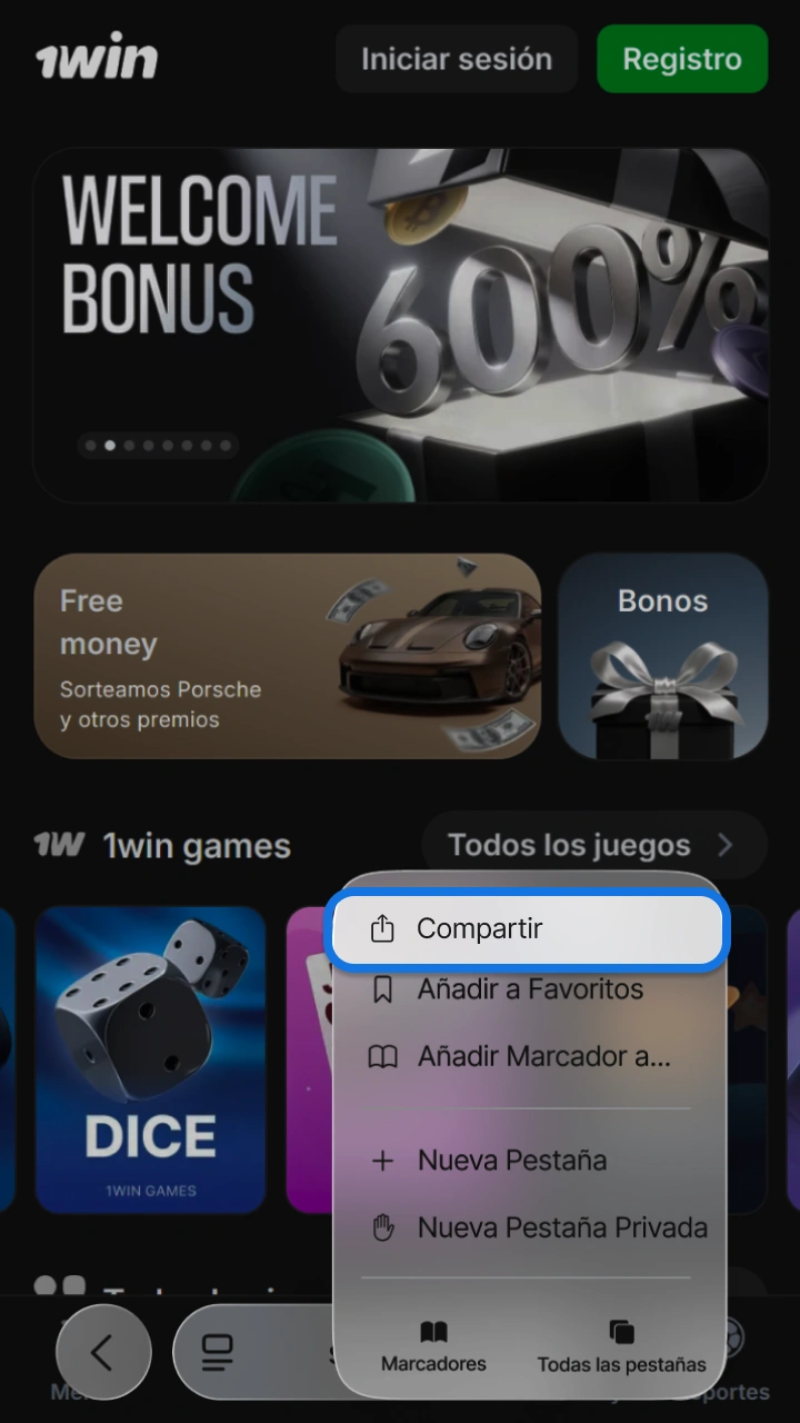 Tap the browser's share button to install the 1win and Lucky Jet app.
