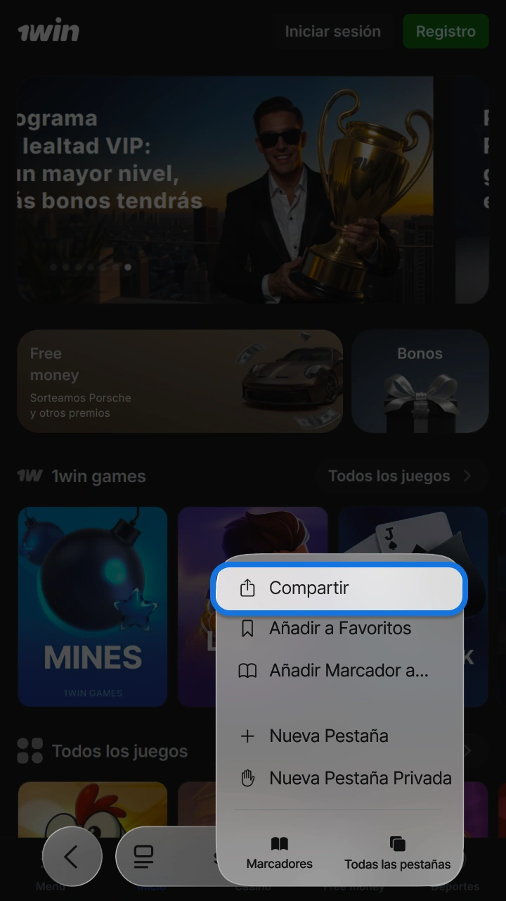 Tap the share button in your browser to start installing 1win Mines.