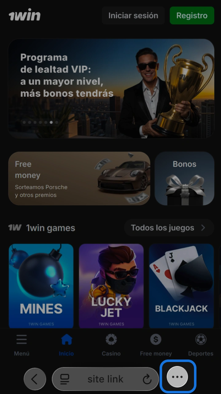 Press the bottom button in the menu to add quick access to 1win Mines.