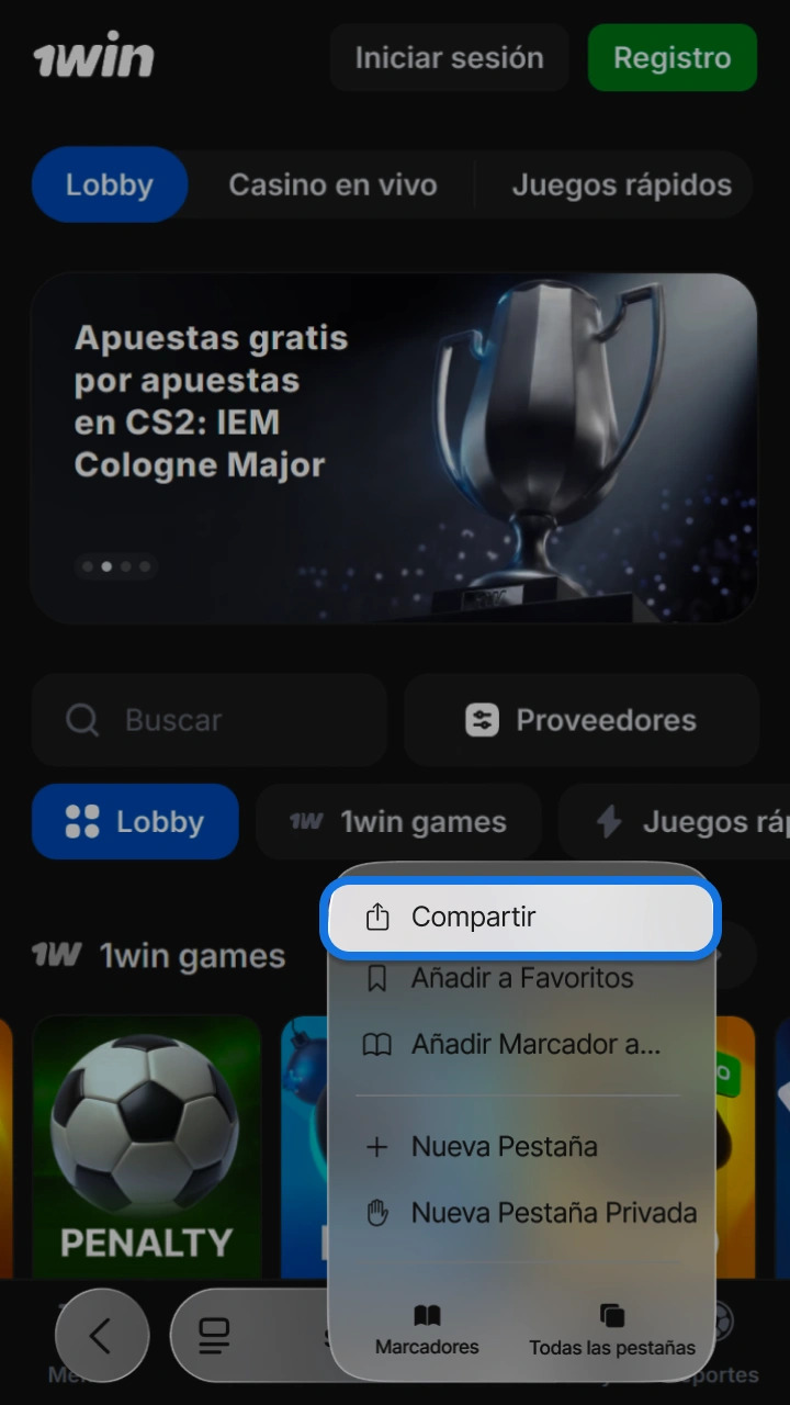 Tap the share button on your iPhone to install the 1win and Penalty Shoot-out app.