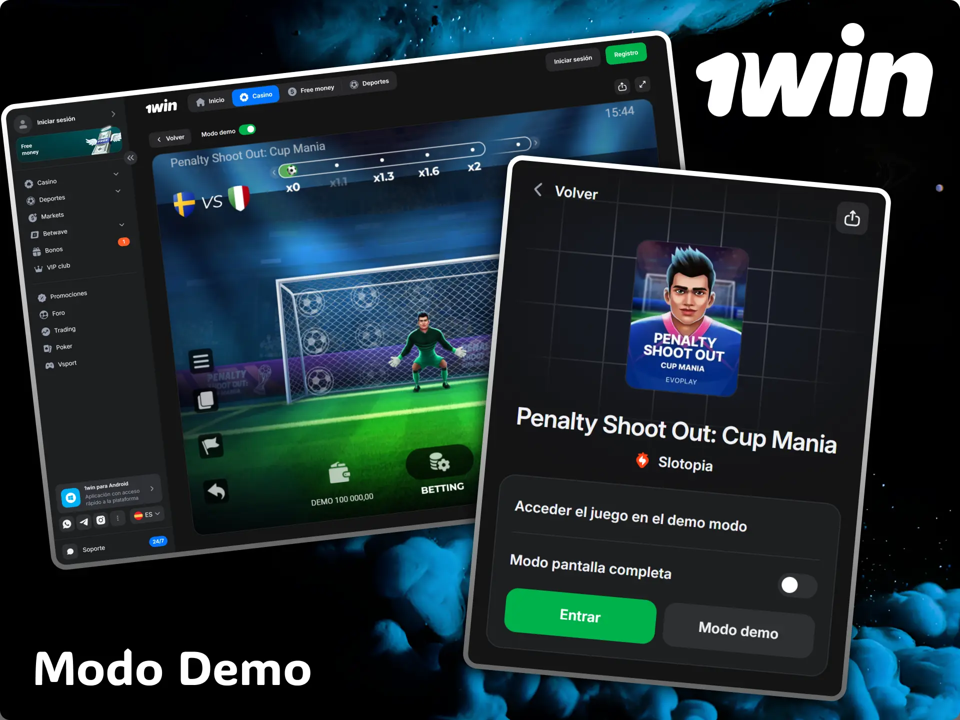 Try the free demo mode of Penalty Shoot-out to practice your shots at 1win casino.