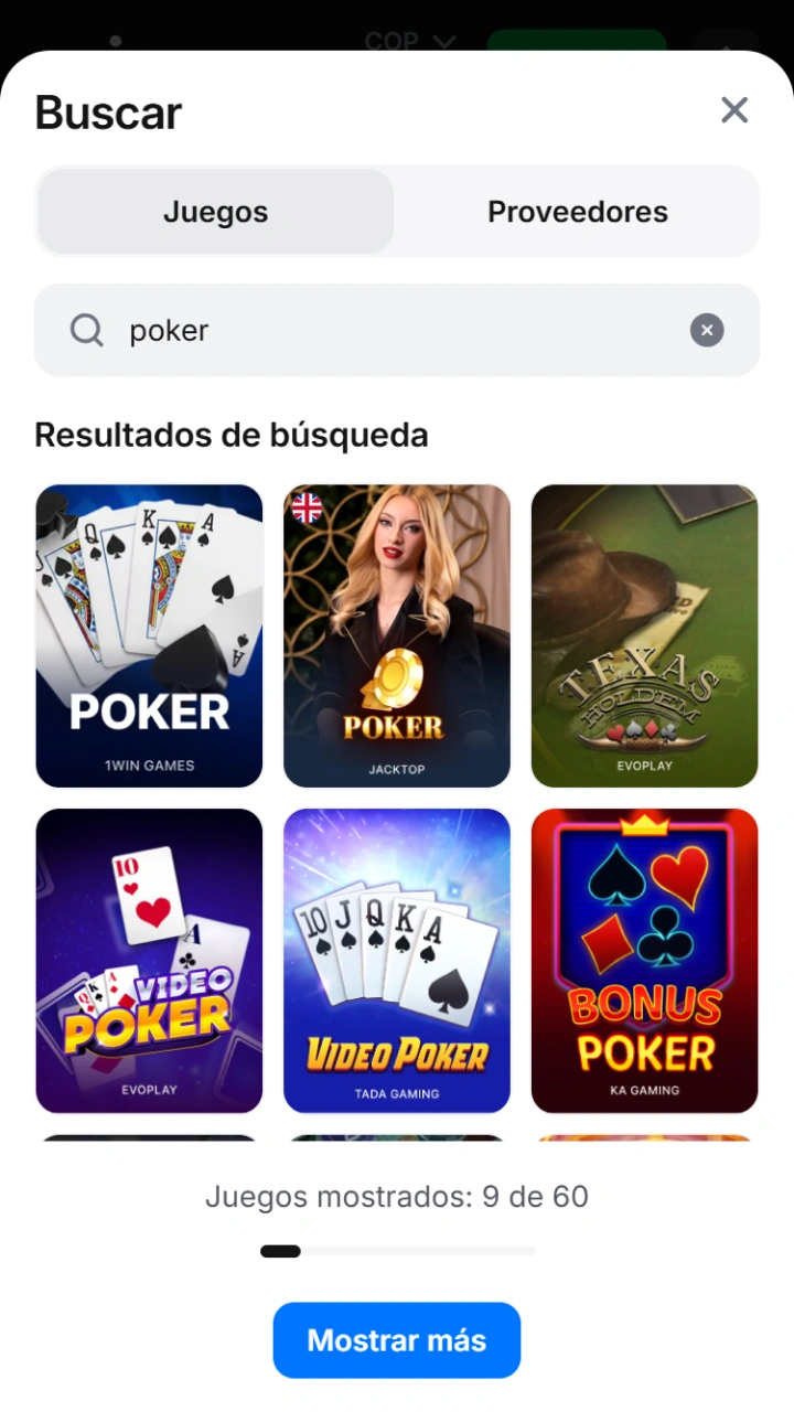 Select your favorite Poker variant in the search engine of the modern 1win casino.