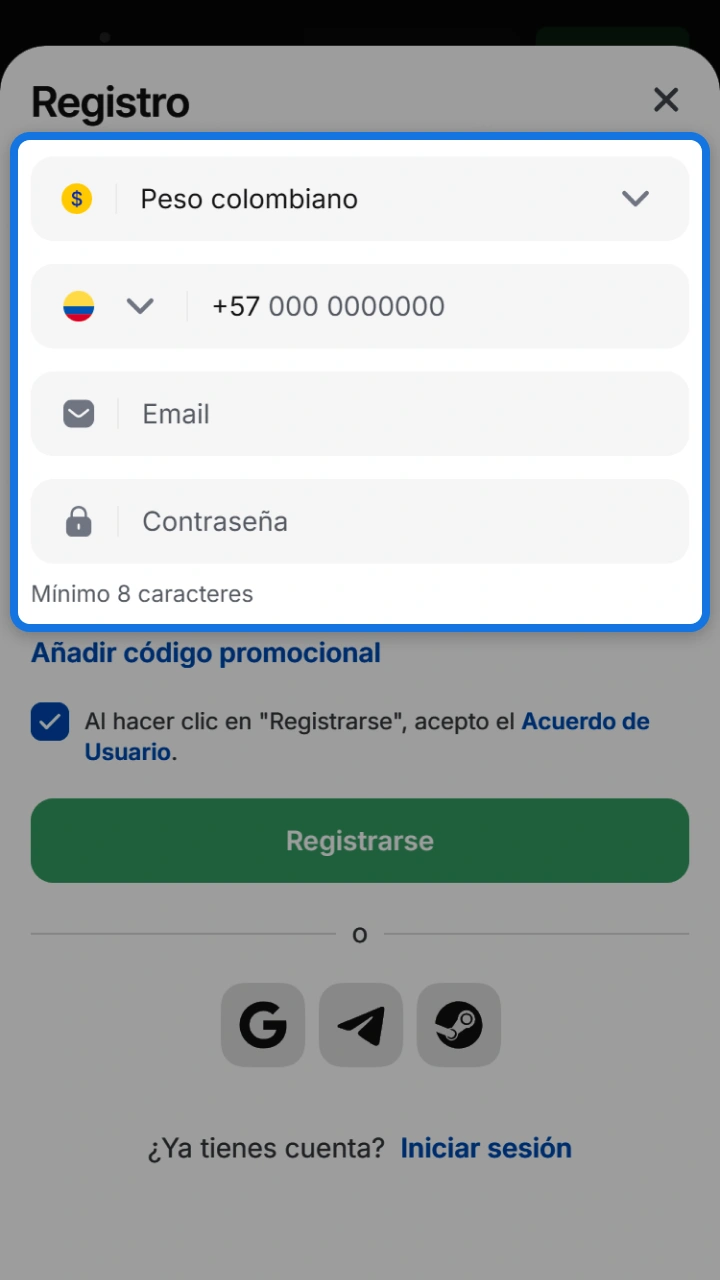Enter your details in the 1win form to complete a successful registration.