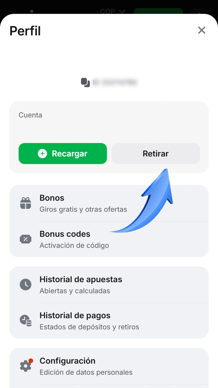 Click the withdraw button within your user profile on 1win.