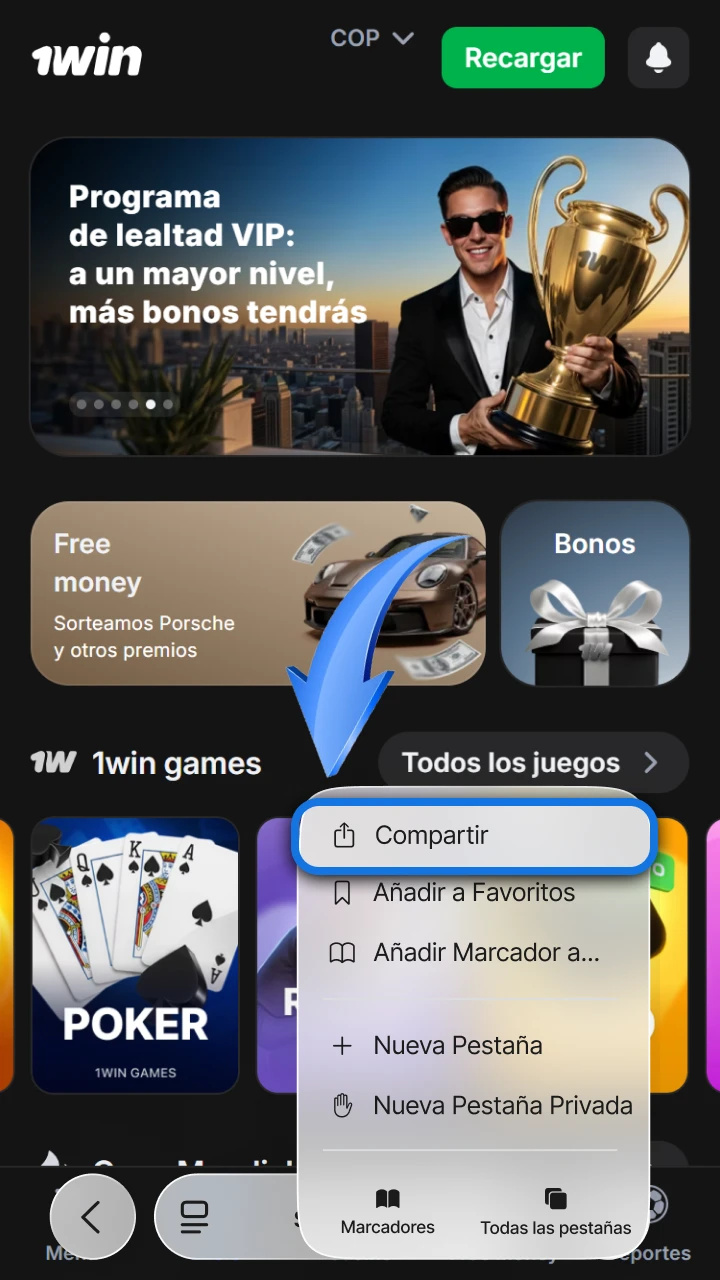 Tap the share menu on your iPhone to install the 1win and Rocket X app.