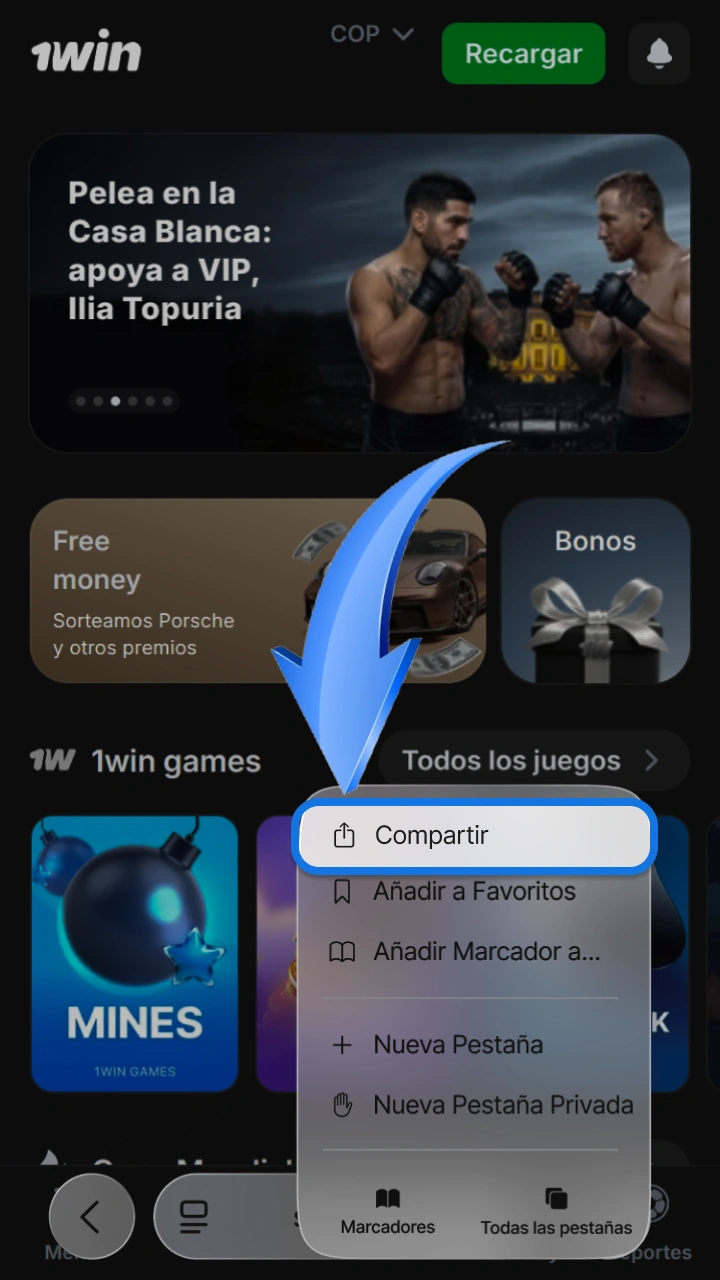 Use the share menu on iOS to install the 1win and Speed-n-Cash app.