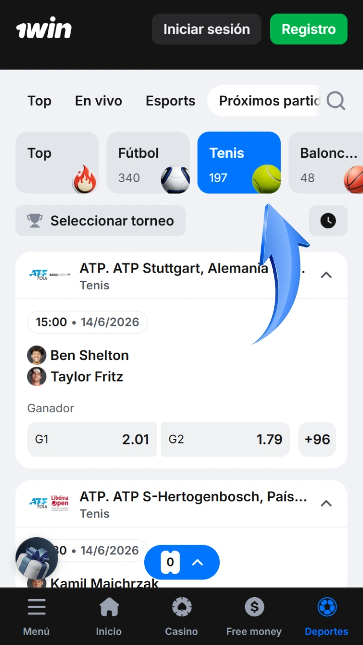 Open the tennis section with a single click from the 1win home screen.