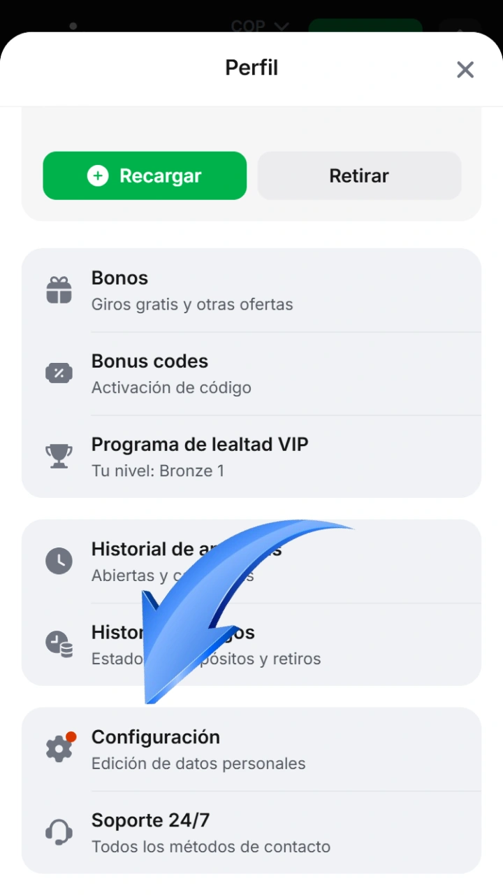 Open the settings section in your 1win user profile.